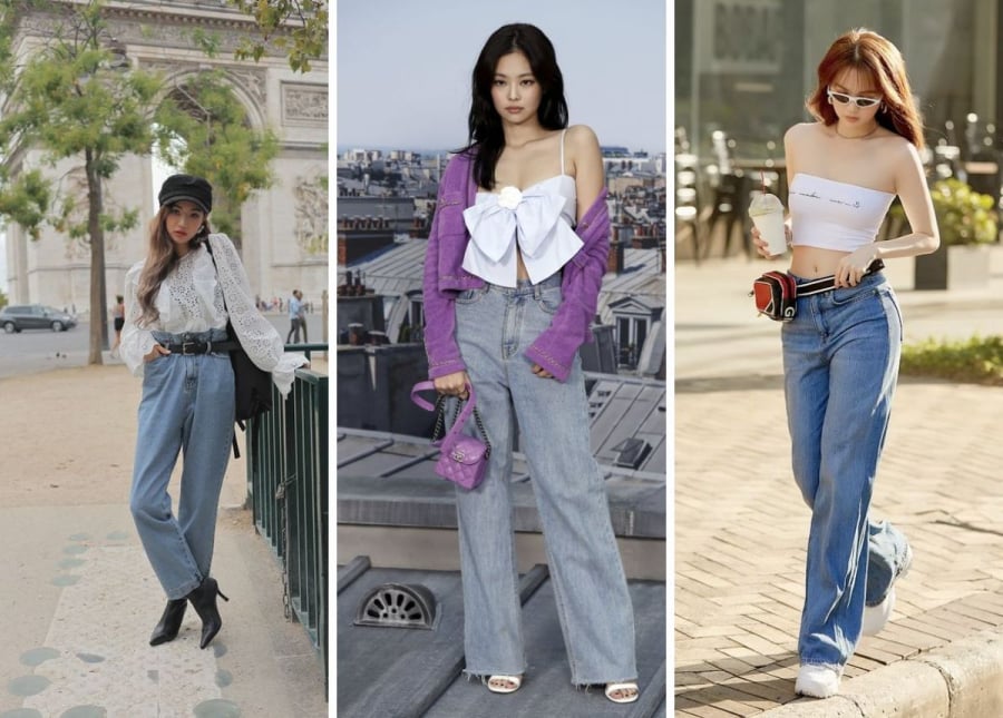 Kết hợp quần jeans ống rộng với áo croptop hoặc áo sơ mi sơ vin sẽ giúp tạo tỷ lệ cơ thể hài hòa hơn. 
