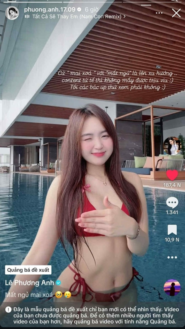 Theo đó, trong một buổi tối mất ngủ, hot girl Lê Phương Anh đã đăng tải một video ngắn lên TikTok, trong đó cô nàng diện trang phục bikini nóng bỏng, gợi cảm, thực hiện những động tác vũ đạo quyến rũ. Kèm theo đó là dòng chú thích: